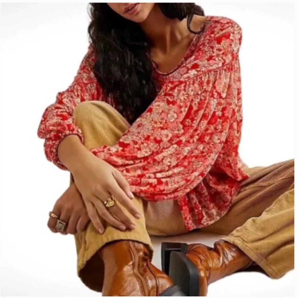 Free People Up for Anything Blouse in Cherry Combo Small - Picture 3 of 11